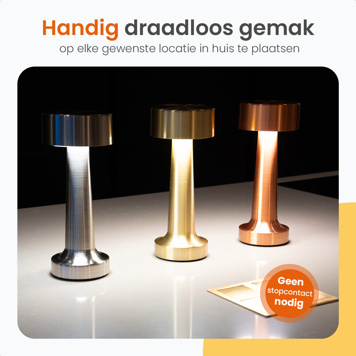 Goliving Classic Tafellamp Oplaadbaar – Draadloos en dimbaar – Moderne touch lamp – Nachtlamp Slaapkamer – 21 cm – Goud