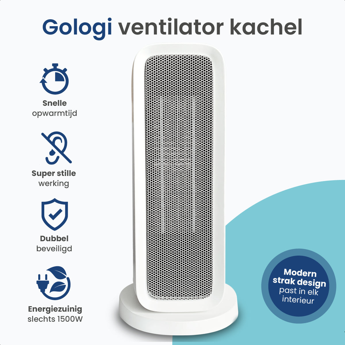 Gologi Ventilatorkachel met Thermostaat - Kachel Elektrisch - Verwarming - Heater - Met app en Touch Bediening - 1500W