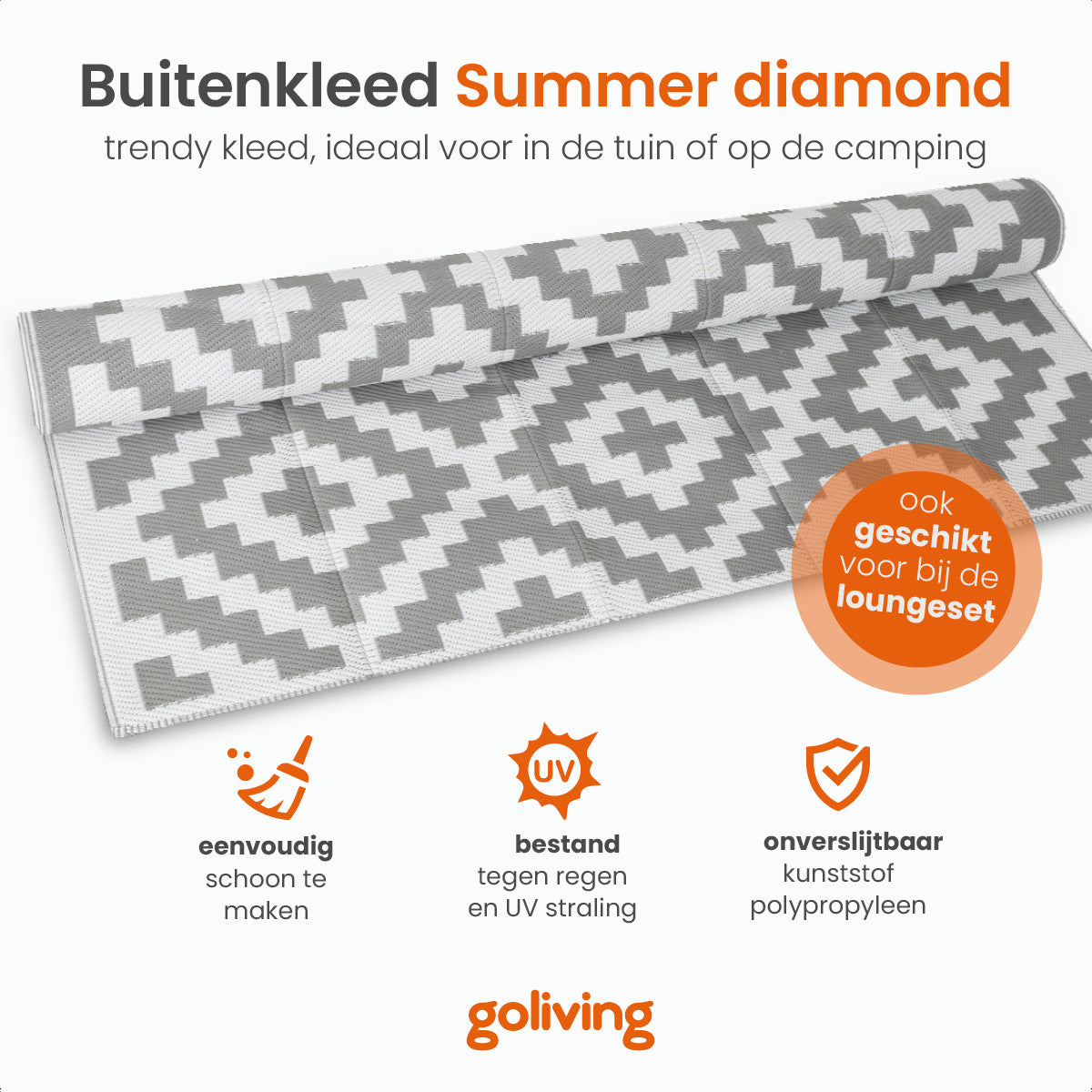 Goliving Buitenkleed Summer Diamond - 183x290CM - Grijs/Wit