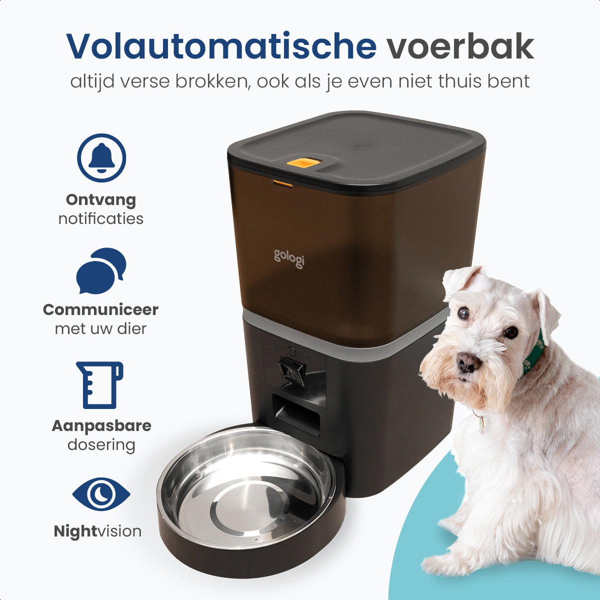 Gologi Automatische Voerbak Eva - Voice Recorder - Camera - Voerautomaat hond - Voerautomaat dispenser kat - Brokgrootte 3 tot 15 mm - Inhoud 6L - Zwart