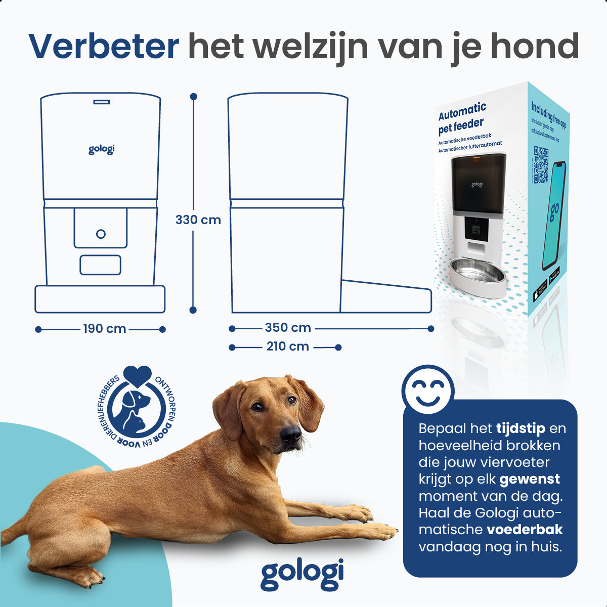 Gologi Automatische Voerbak Eva - Voice Recorder - Camera - Voerautomaat hond - Voerautomaat dispenser kat - Brokgrootte 3 tot 15 mm - Inhoud 6L - Wit