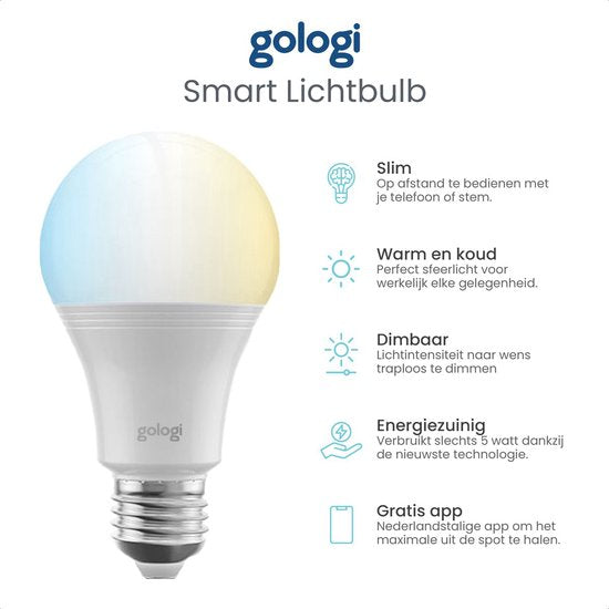 Gologi Slimme e27 led lamp - Smart bulb verlichting - Dimbaar - Wifi - Warm Wit Licht - CCT