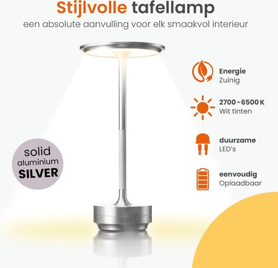 Goliving Horizon Tafellamp Op Accu - Oplaadbaar en Dimbaar - Spatwaterbestendig - Past in ieder interieur - Energiezuinig - Hoogte 27 cm - Zilver