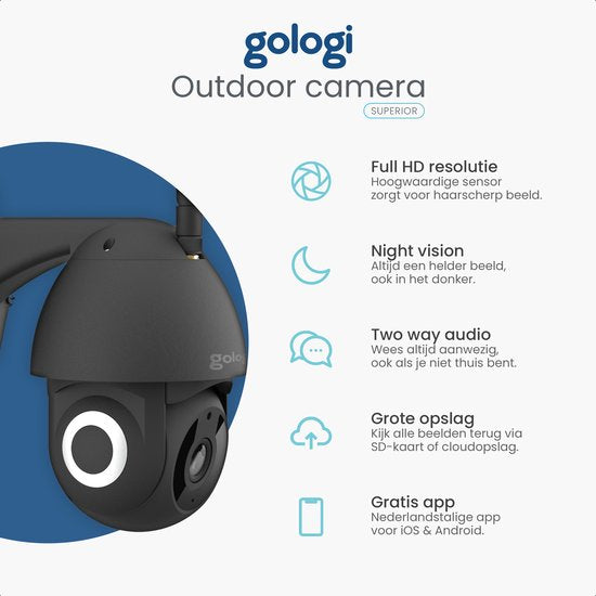 Gologi Superior Outdoorcamera - Buiten camera met nachtzicht - Beveiligingscamera met Kabel - Security camera - 3MP - Met wifi en app - Zwart