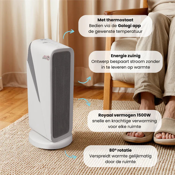 Gologi Ventilatorkachel met Thermostaat - Kachel Elektrisch - Verwarming - Heater - Met app en Touch Bediening - 1500W