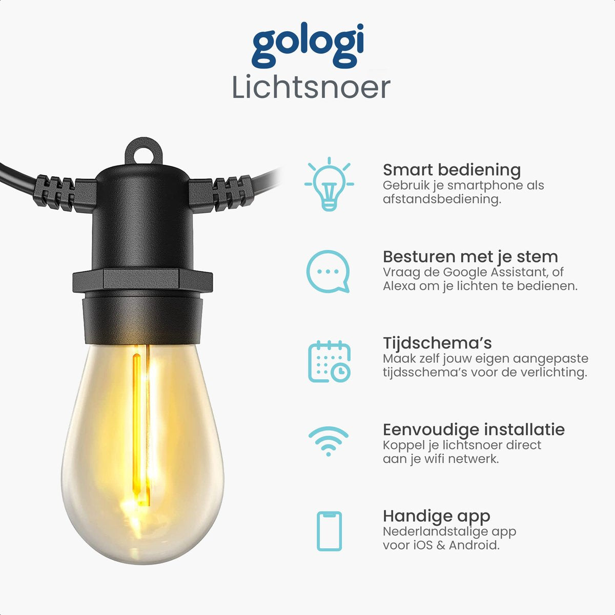 Gologi lichtsnoer buiten en binnen - Lichtslinger 5M - Tuinverlichting LED - Warme sfeerverlichting 2700K - Waterdicht - Smart verlichting met App - Koppelbaar tot 20M