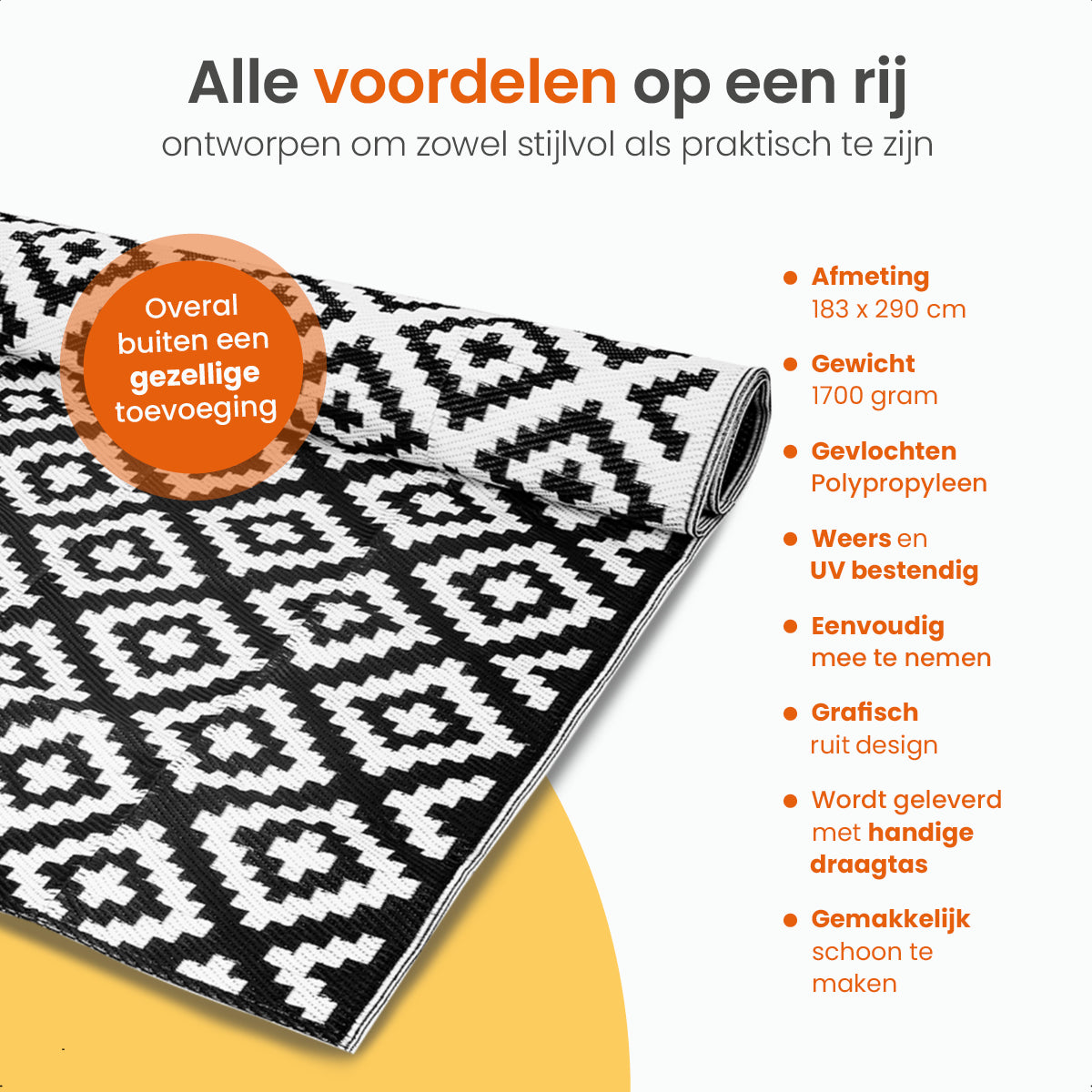 Goliving Buitenkleed Summer Diamond - 183x290CM - Zwart/Wit