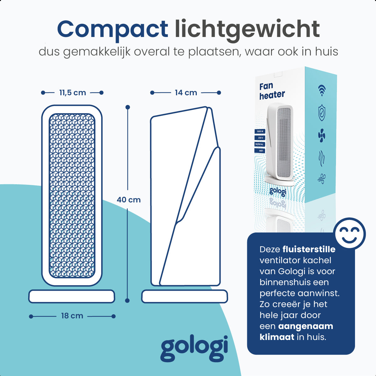 Gologi Ventilatorkachel met Thermostaat - Kachel Elektrisch - Verwarming - Heater - Met app en Touch Bediening - 1500W
