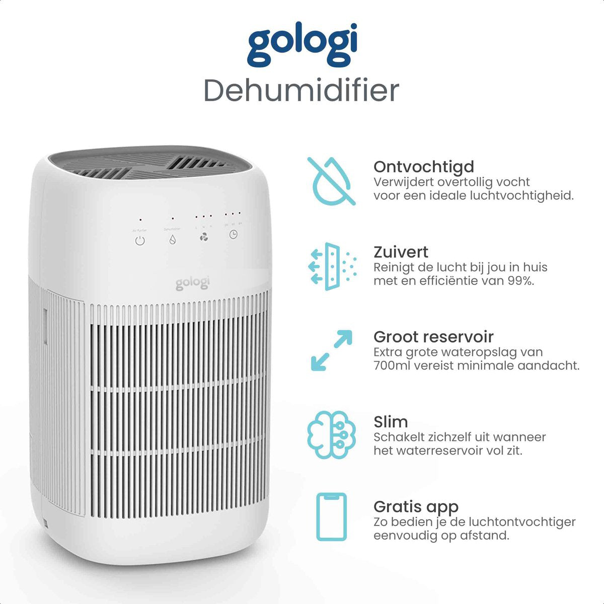 Gologi luchtontvochtiger en luchtreiniger - HEPA 13 Filter