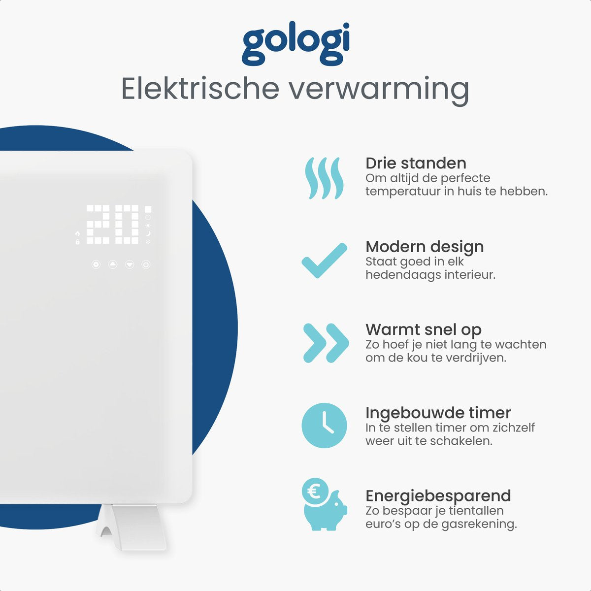 Gologi Elektrische Kachel - Verwarming elektrisch - Convectorkachel met thermostaat  - Werkt via App en touch bediening - Tot 25m2 - 2000W Heater - Wit
