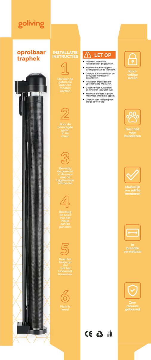 Goliving Oprolbaar Traphekje - Veiligheidshekje - Kinderhekje - Push & Turn - 10 tot 150 cm Breed - Aluminium frame - Mesh - Zwart