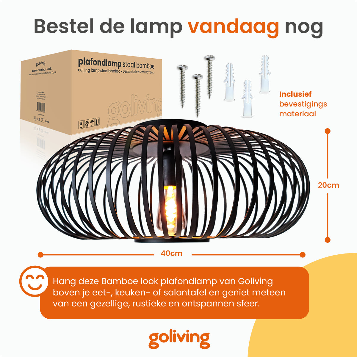 Goliving Plafondlamp Zwart - Plafonnière - E27 - Metaal - Bamboe Look - Ø 40 cm