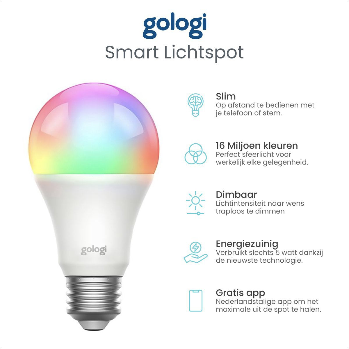 Gologi Slimme E27 Bulb Lamp 4 stuks – Smart WiFi – Smart LED verlichting – Dimbaar – Miljoenen kleuren – RGB – Bediening via mobiele app – Sfeerverlichting – 800 lumen - 4 stuks