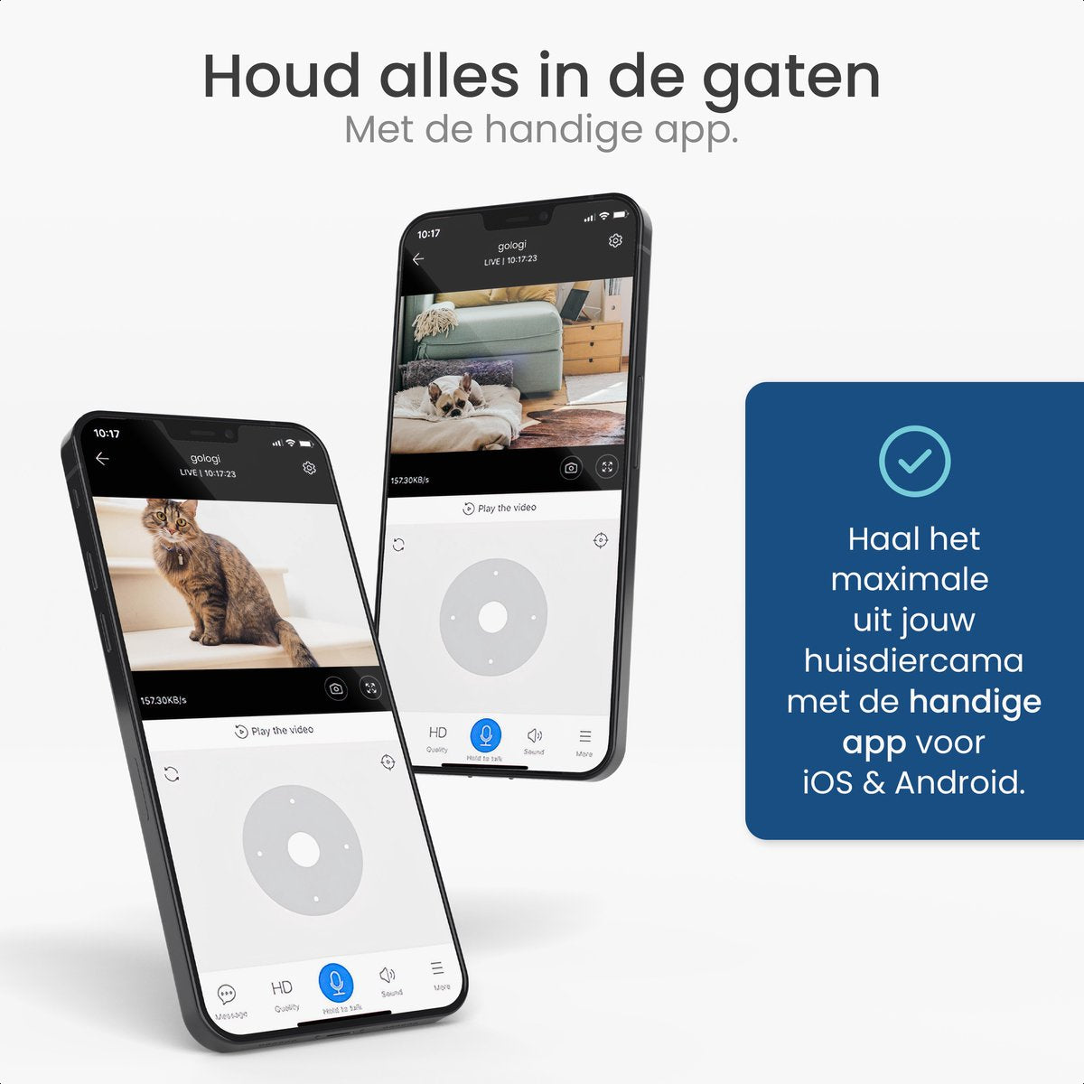 Gologi Huisdiercamera met App - Hondencamera - Pet camera - Beveiligingscamera - Security camera - Voor alle huisdieren - Met wifi - Wit