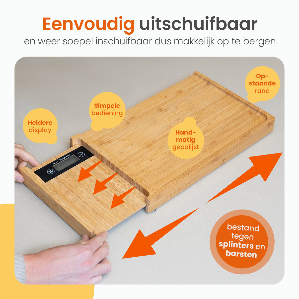 Goliving Houten Snijplank - Met Digitale Keukenweegschaal tot 5 kg - 40 x 25 cm - Uitschuifbaar tot 56 cm - Bamboe