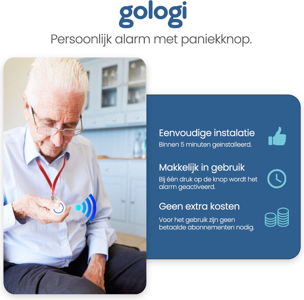 Gologi Slim persoonlijk alarm - Paniekknop - Senioren alarm - Draadloze alarmknop - Noodknop - Ouderen - WIFI - Melding op afstand via app