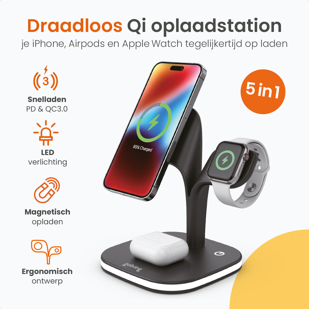 Goliving 5-in-1 Draadloos Qi Oplaadstation - Magsafe draadloze oplader - Geschikt voor iPhone, Apple Watch & Airpods - Inclusief Dimbaar Nachtlampje en USB output  - 15W Snellader - Zwart