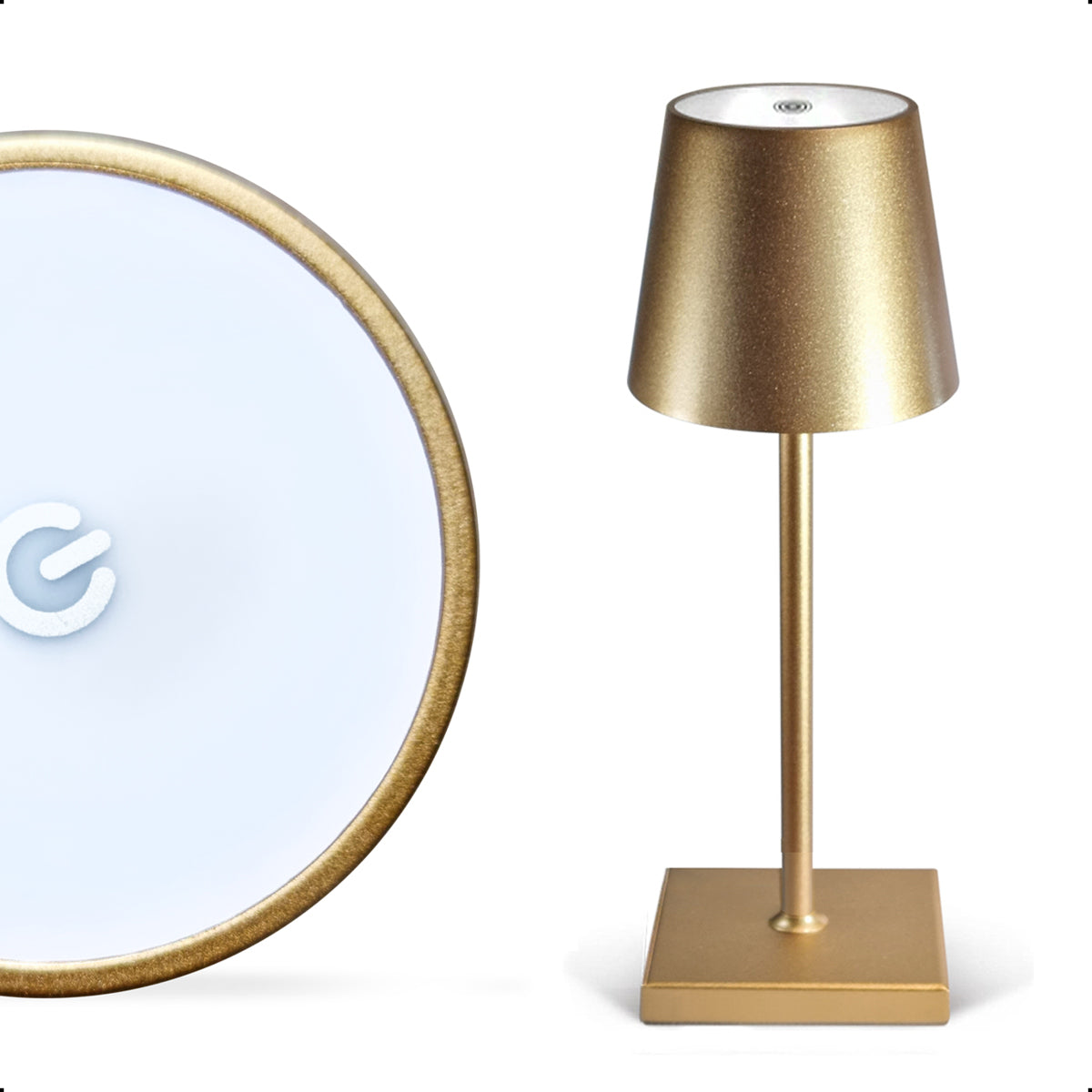 Goliving Essence Tafellamp Oplaadbaar – Draadloos en dimbaar – Moderne touch lamp – Nachtlamp Slaapkamer – 26 cm – Goud