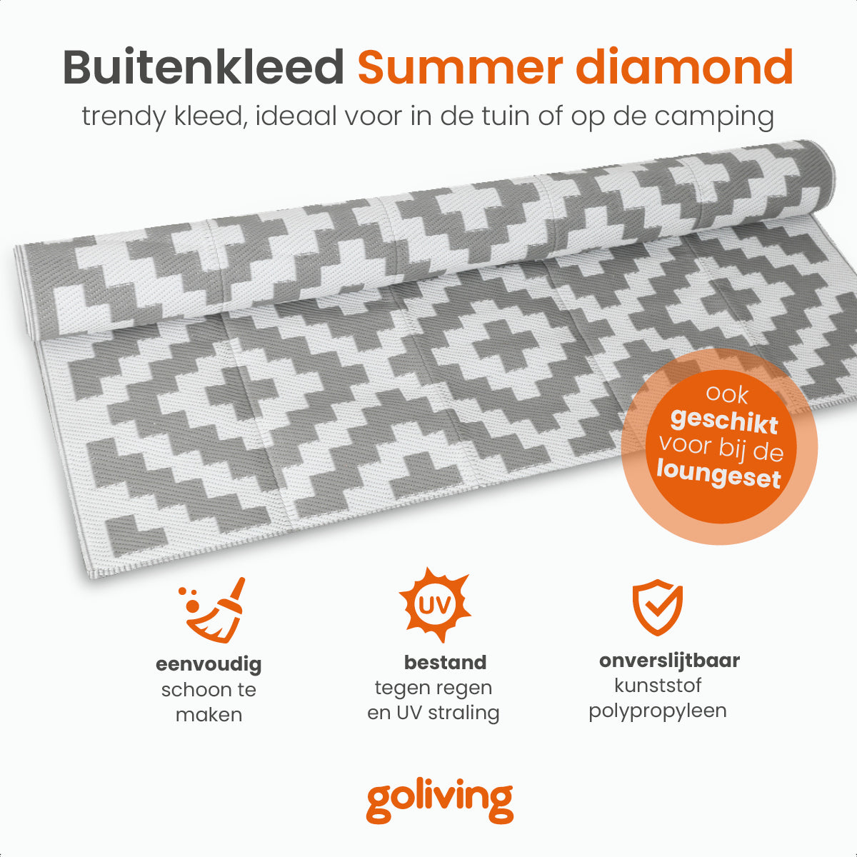 Goliving Buitenkleed Summer Diamond - 183x290CM - Tuintapijt - Buitentapijt - Vloerkleed - Tuinkleed - Omkeerbaar - Incl. Draagtas - Grijs/Wit