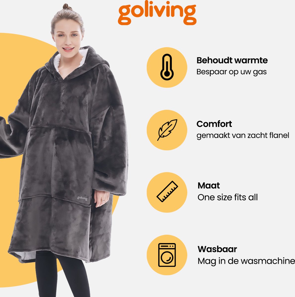 Goliving fleece deken met mouwen - Hoodie deken - Plaid hoodie - Voor volwassenen - Fleece cape - Groot - 1000G - Donker grijs
