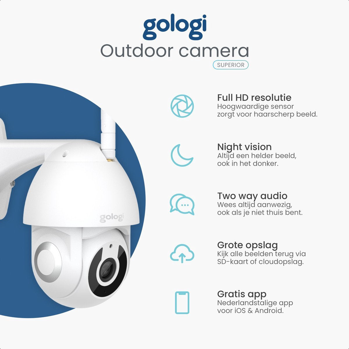 Gologi Superior Outdoorcamera - Nachtzicht  - 3MP - Met wifi en app - Wit