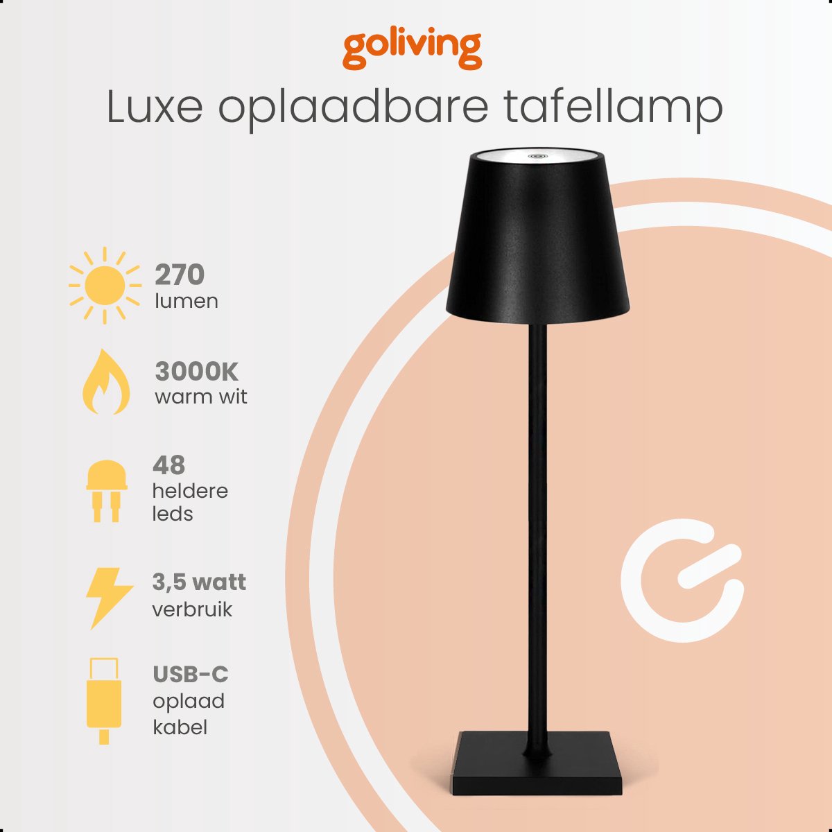 Goliving Essence Tafellamp Oplaadbaar – Draadloos en dimbaar – Moderne touch lamp – Nachtlamp Slaapkamer – 38 cm – Zwart