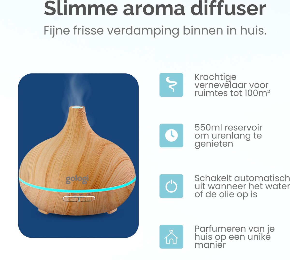 Gologi Slimme Aroma Diffuser - 550ML - Incl. 2 Etherische Oliën
