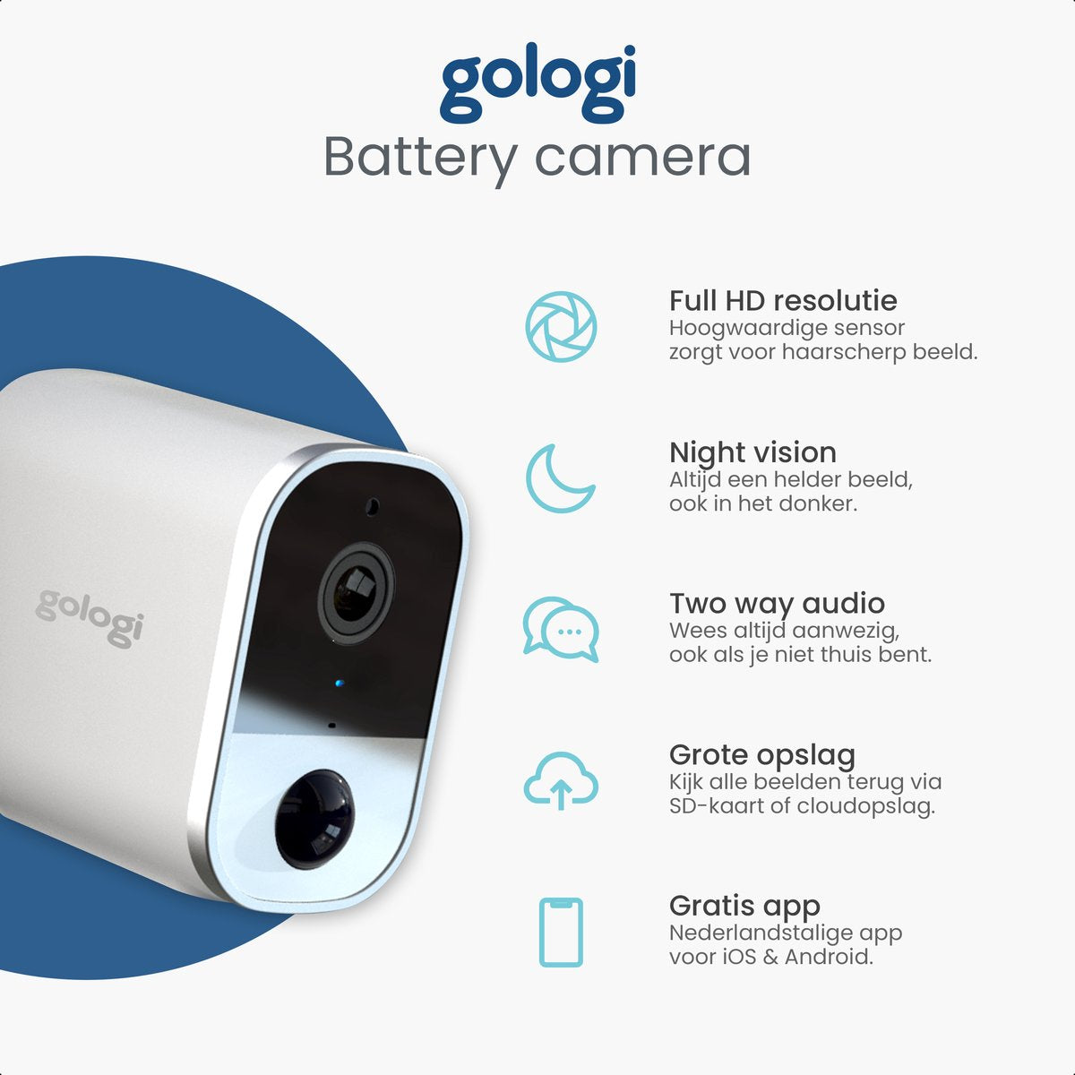 Gologi draadloze camera op accu - Beveiligingscamera - Met nachtzicht - WiFi camera - Security camera - Oplaadbaar - Nederlandstalige app - Wit