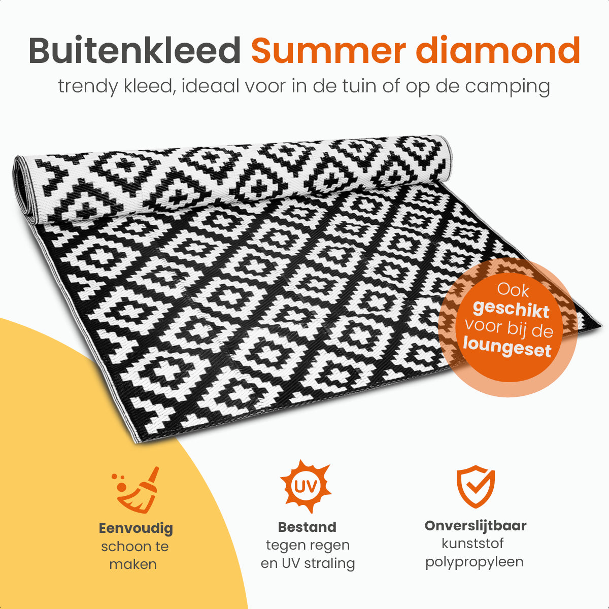 Goliving Buitenkleed Summer Diamond - 183x290CM - Tuintapijt - Buitentapijt - Vloerkleed - Tuinkleed - Omkeerbaar - Incl. Draagtas - Zwart/Wit