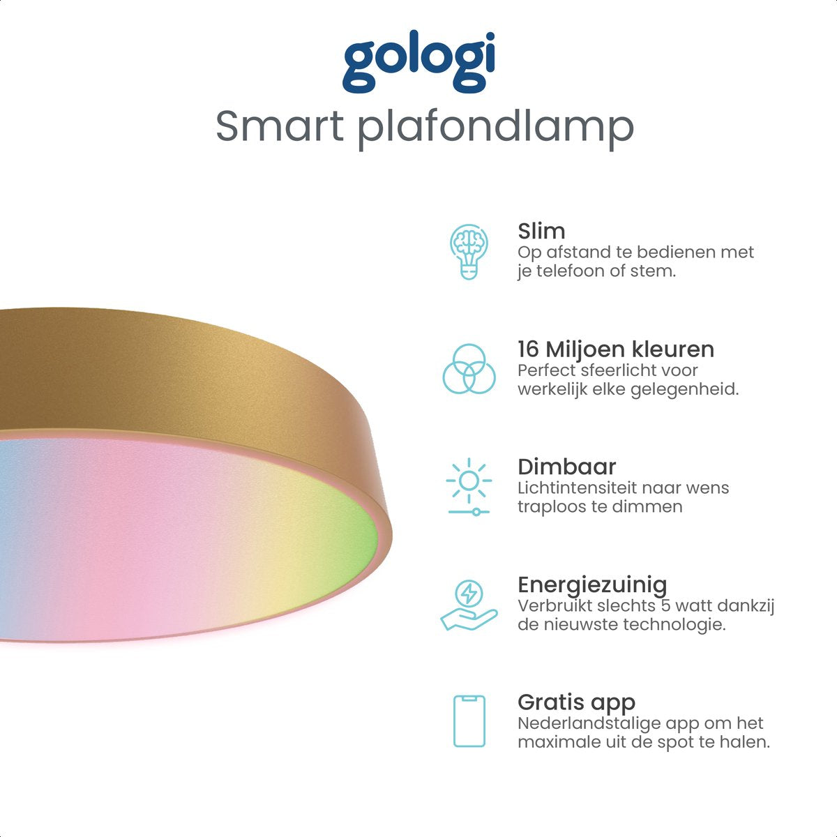 Gologi Slimme Plafondlamp Goud - Plafondlampen - LED RGB - Plafonniere - Industrieel - Plafondlamp goud - Slaapkamer & Woonkamer - 30cm