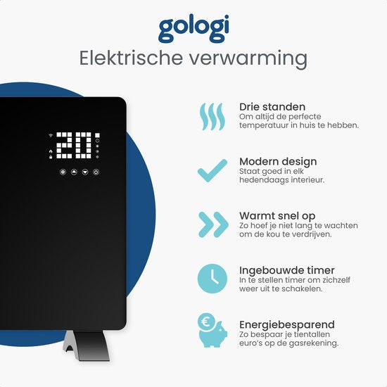 Gologi Elektrische Kachel - Verwarming elektrisch - Convectorkachel met thermostaat  - Werkt via App en touch bediening - Tot 25m2 - 2000W Heater - Zwart