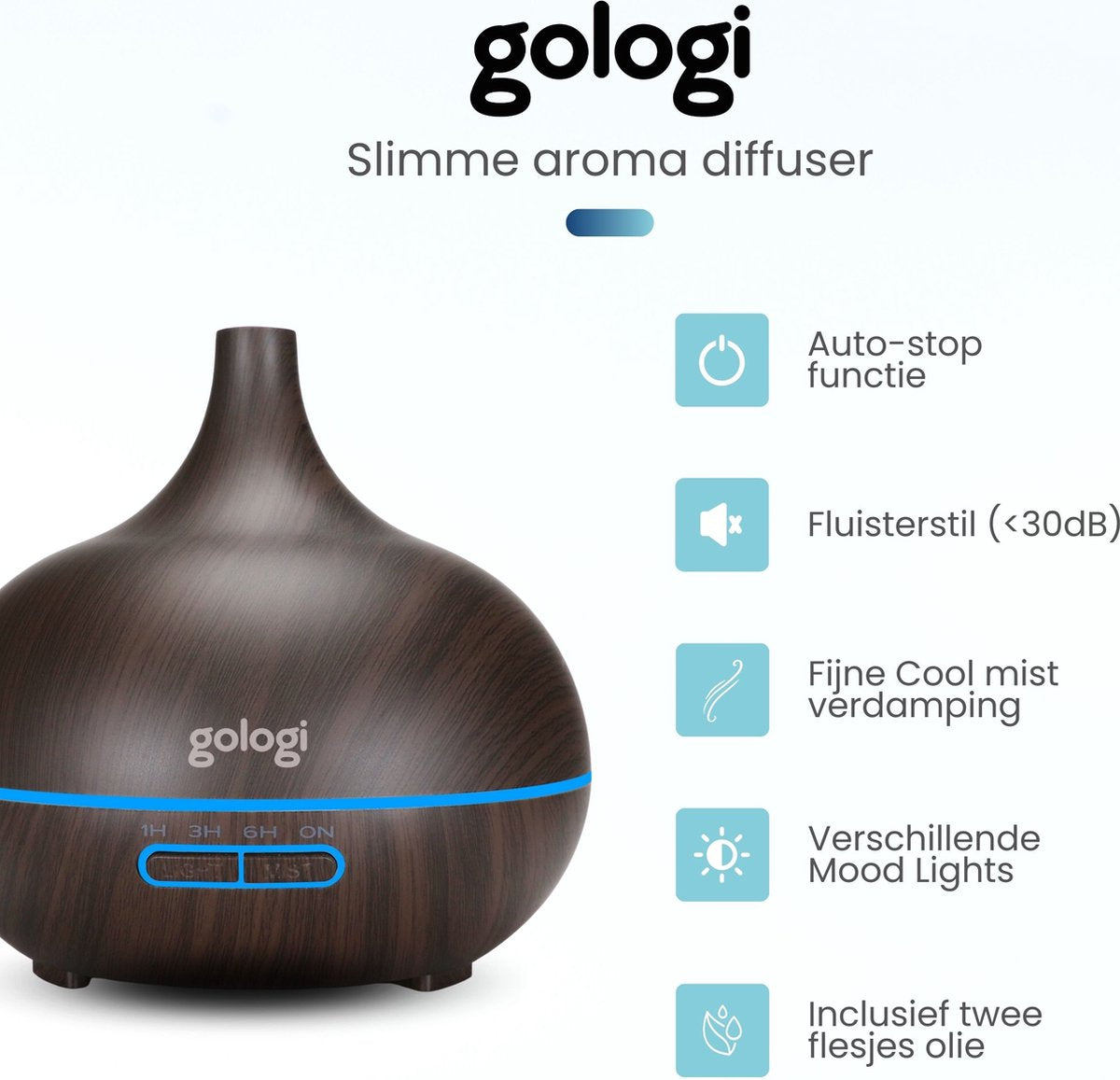 Gologi Slimme Aroma Diffuser - 550ML - Incl. 2 Etherische Oliën