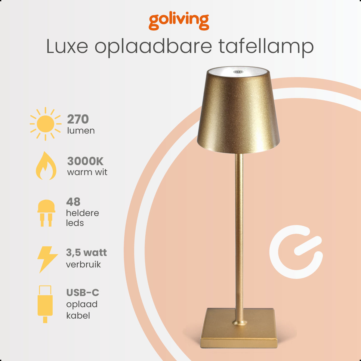 Goliving Essence Tafellamp Oplaadbaar – Draadloos en dimbaar – Moderne touch lamp – Nachtlamp Slaapkamer – 38 cm – Goud
