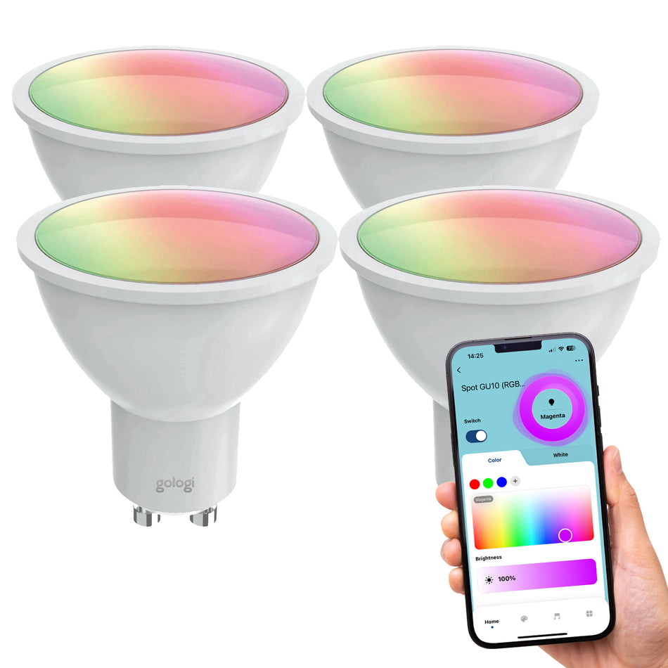 Gologi Slimme Spot - Smart Lamp - LED - Ledlamp - Warm Wit Licht - Smart GU10 - RGB - CCT - 700 Lumen - 5 kWh - 4 Stuks