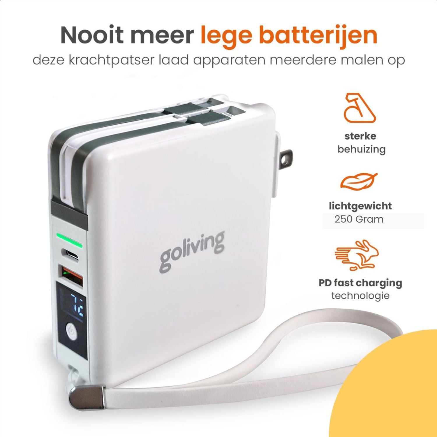 Goliving 5 in 1 Powerbank Stekker – 10.000 mAh – Snellader - Wit