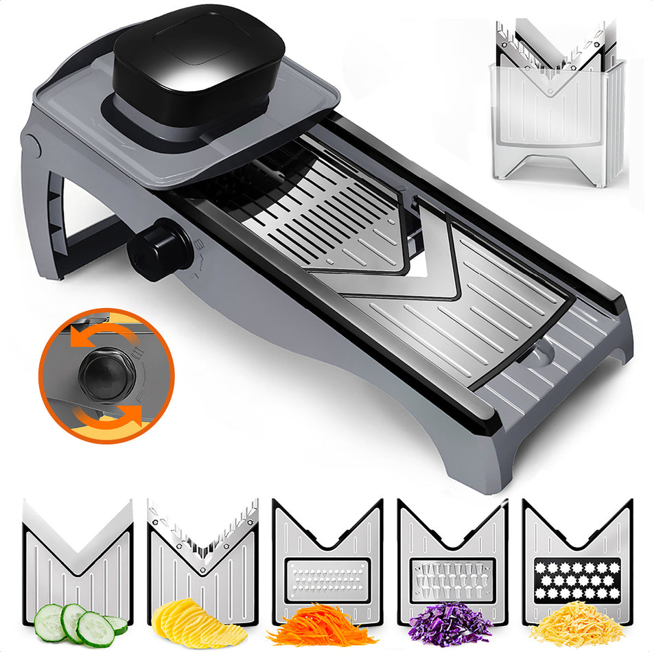 Goliving Mandoline Groentesnijder - 35 x 8cm - Keukensnijder met  5 Bladen - Uiensnijder - Kaasrasp - Mandolines - Spiraalsnijder - Rasp - Roestvrij staal