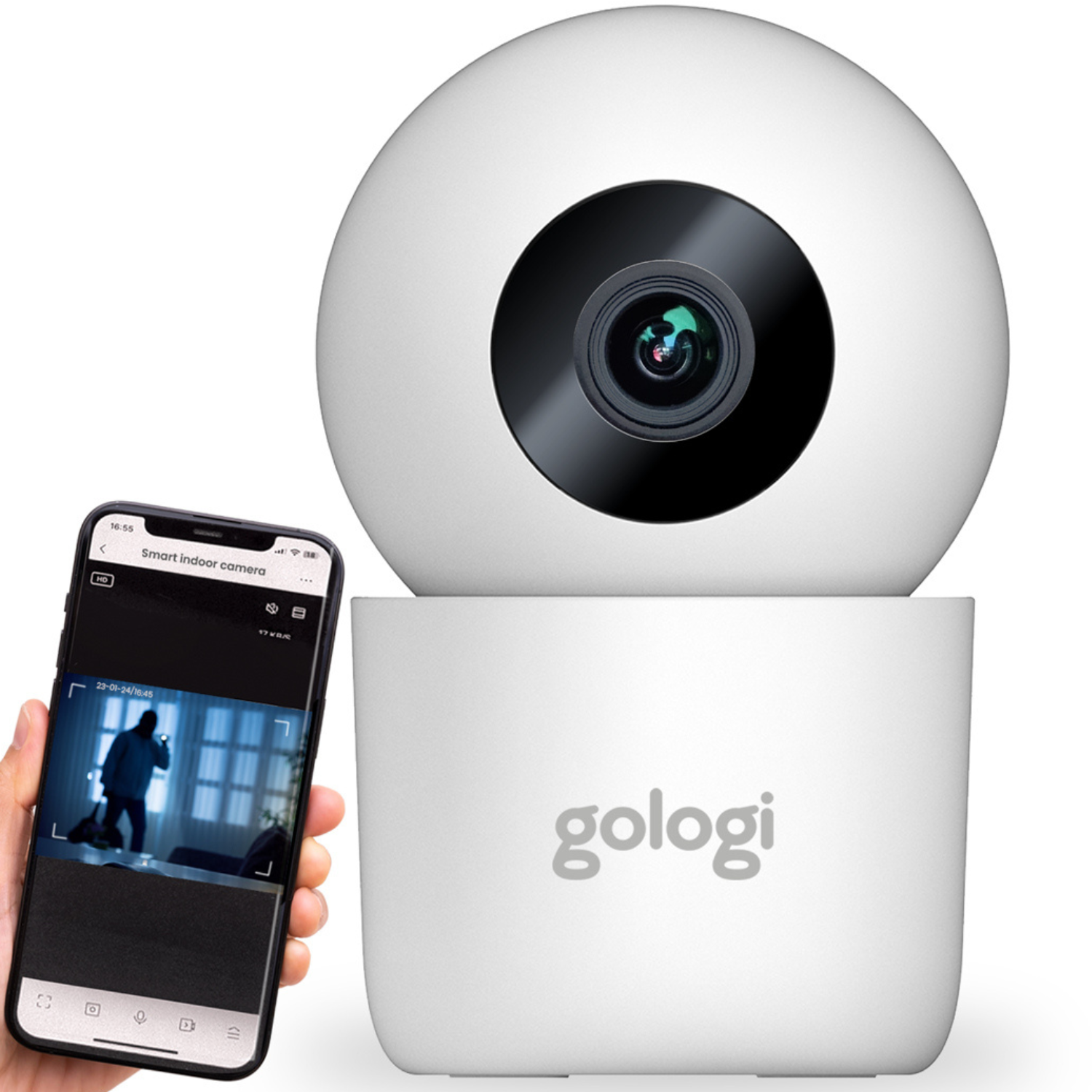 Gologi Beveiligingscamera Binnen - Smart Indoor Camera - Draadloze verbinding (WIFI) - 180° Draaibaar - Nightvision - Bewegingssensor - Blaf en Huil Detectie - Babyfoon - Huisdiercamera met App - Wit