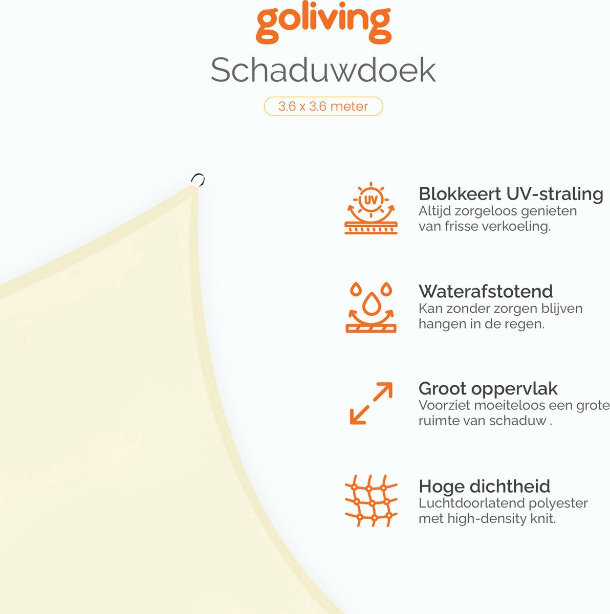 Goliving Schaduwdoek - 3.6 x 3.6 meter - Creme wit