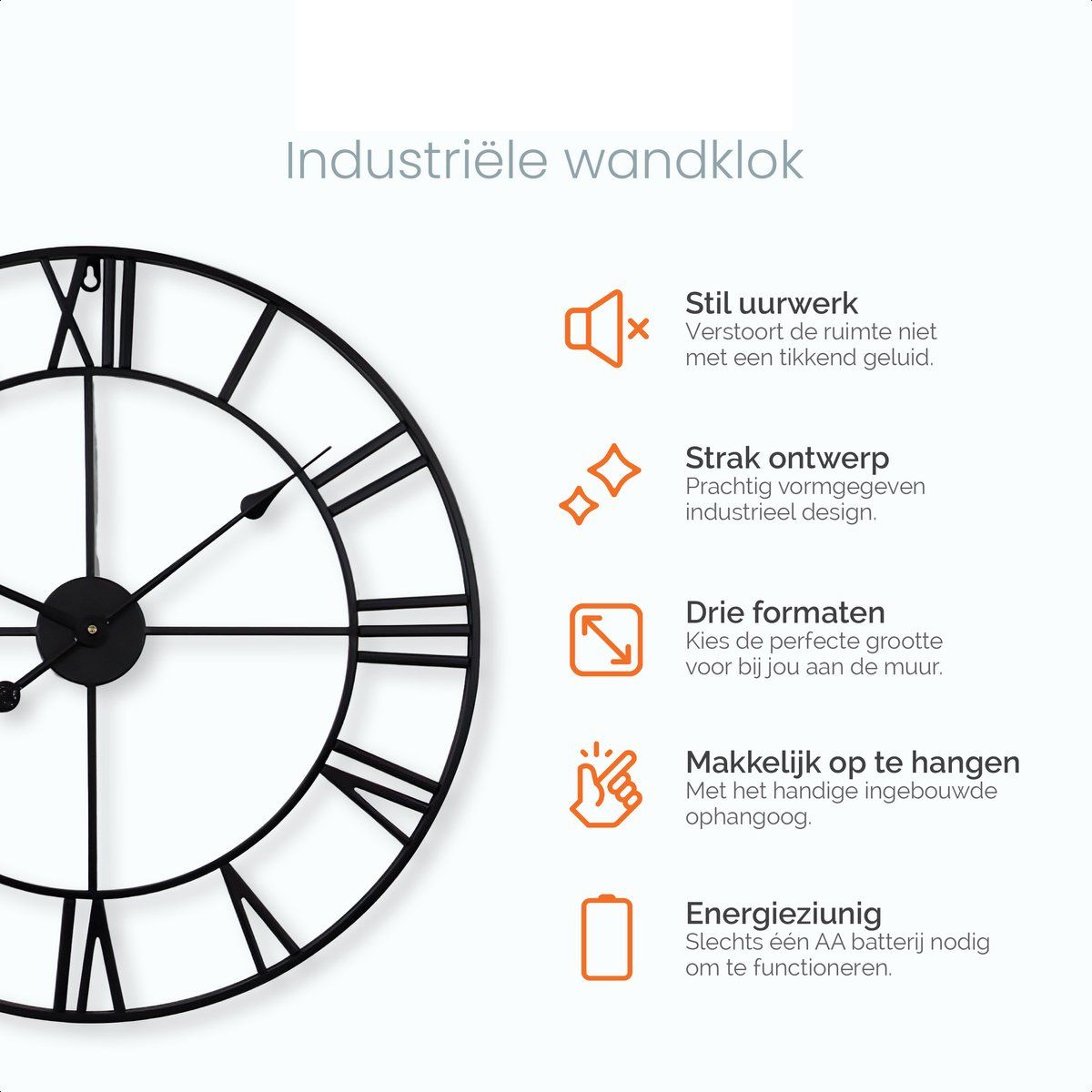 Wandklok Industrieel - Stil uurwerk - Moderne wandklok - Metaal - 60 cm - Zwart