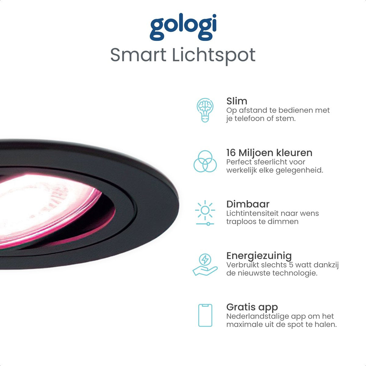 Gologi Slimme Inbouwspot - Gu10 RGB+CCT LED Lamp - Zwart