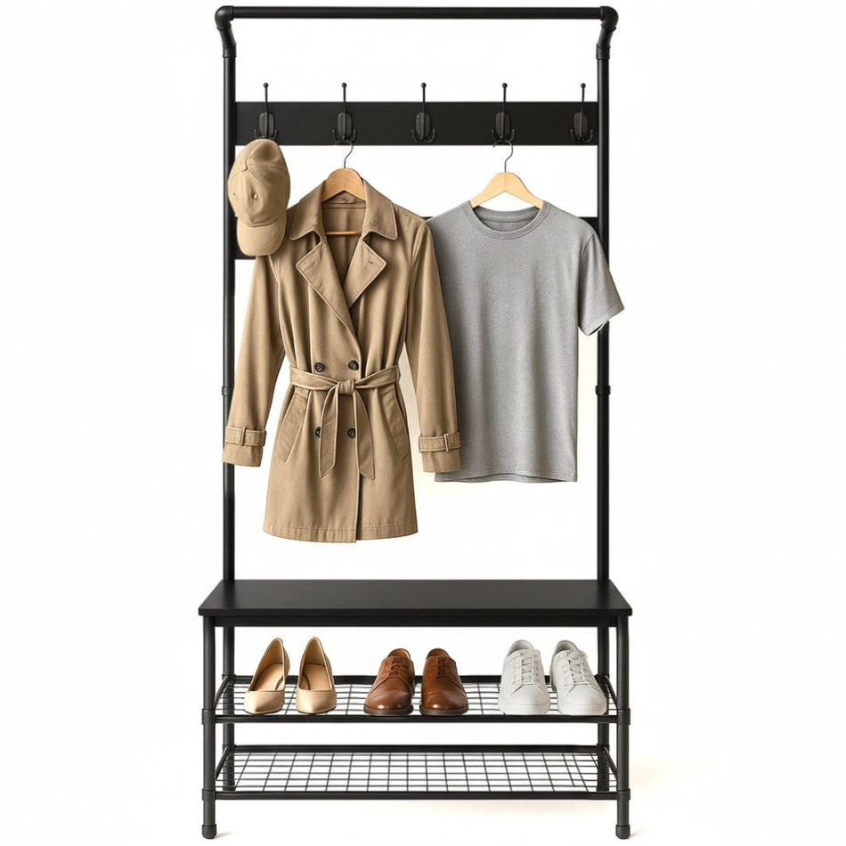 Goliving Kapstok XL – Garderoberek – Schoenenrek – Kledingrek – Staand – Industriële kast – Metaal/Hout – 100 x 41.5 x 182 cm – Zwart