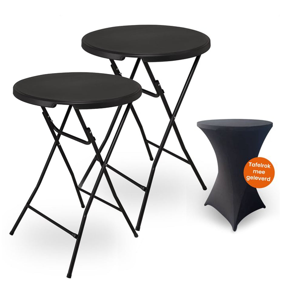 Goliving Statafel – 2 Stuks – Inclusief Statafelhoes – Statafelrok – Inklapbaar – Stevige partytafel – Voor binnen en buiten – Draagvermogen 50kg – Ø80 x 110 cm – 8,5 kg – Zwart