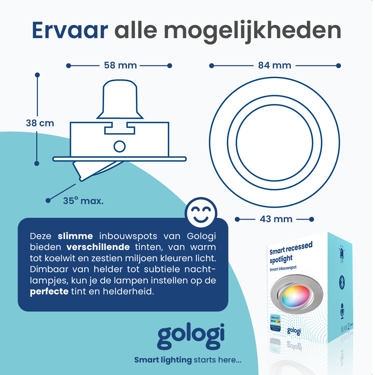 Gologi Slimme Inbouwspot - Gu10 RGB+CCT LED Lamp - Wit