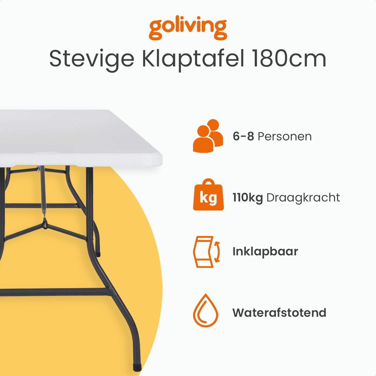 Goliving Inklapbare Tafel – Klaptafel – Campingtafel – Vouwtafel Buiten – Weerbestendig – 122 x 60 x 74 cm – Wit