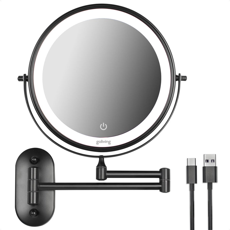 Goliving Make Up Spiegel Met Verlichting - Ø25 cm - 10x Vergroting - Dimbaar - USB-C Oplaadbaar - Dubbelzijdig - 27cm